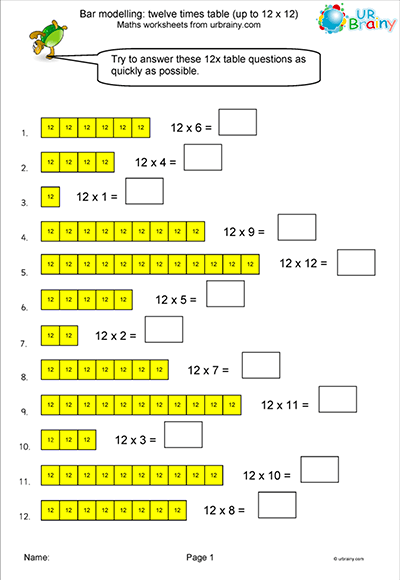 12 Times Table - Bar Modelling Worksheet